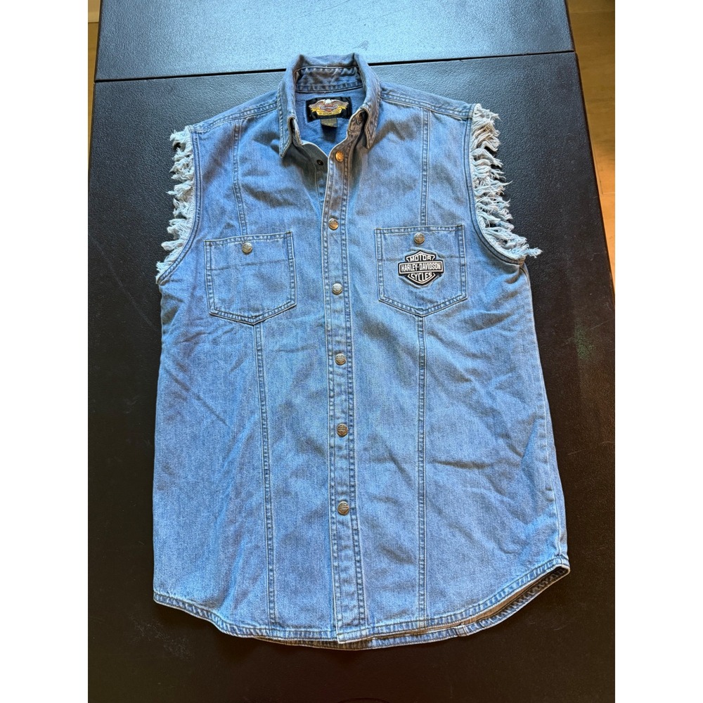 VTG Harley-Davidson Men Sleeveless Denim Shirt V-Twin Power Embroidered Blue S